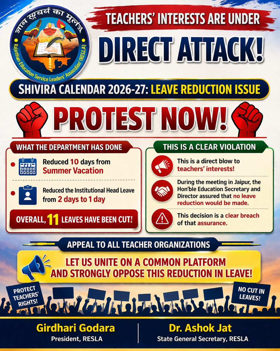 विभाग द्वारा जारी शिविरा पंचांग 2026–27 का गहन अवलोकन करने पर यह तथ्य स्पष्ट रूप से सामने आया है कि ग्रीष्मकालीन अवकाश में 10 दिवस की कटौती की गई है तथा संस्थाप्रधान अधिकृत अवकाश को 2 दिवस से घटाकर मात्र 1 दिवस कर दिया गया है। इस प्रकार कुल मिलाकर 11 अवकाशों में कमी की गई है, जो