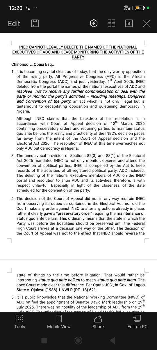 _Nonso_Obasi's tweet photo. @ruffydfire INEC's resolve is not just illegal, it is a furtive attempt to exclude ADC from fielding a candidate for the 2027 election. 

I hope Nigerians realize this stealth and call it out. https://t.co/G4x1RCMtp7