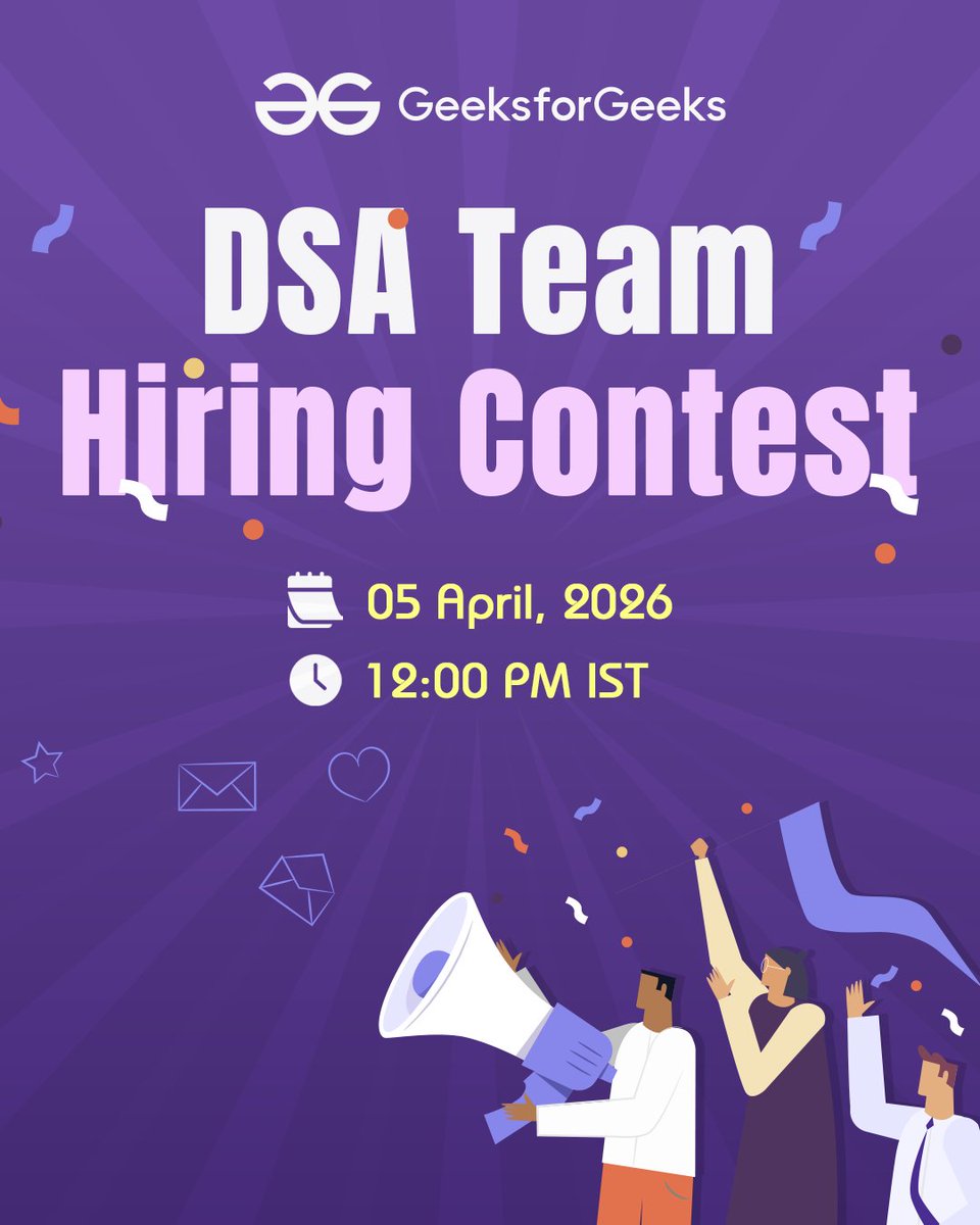 geeksforgeeks's tweet image. Join our team as a DSA Expert!

Get shortlisted via this contest: practice.geeksforgeeks.org/contest/geeksf…

#dsa #hiringalert #hiringnow #dsapractice