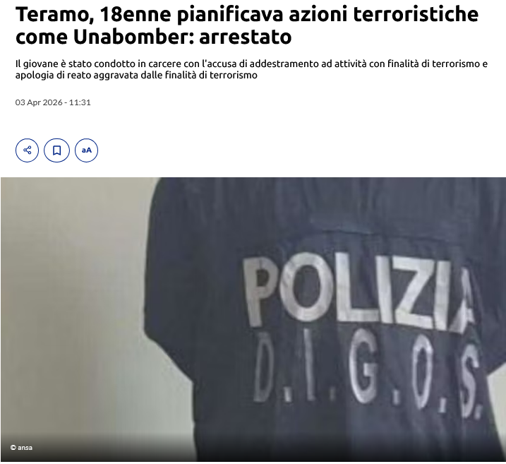 riktroiani's tweet image. #Teramo, arrestato un 18enne che progettava azioni terroristiche ispirandosi a #unabomber. 

L'arrestato avrebbe incitato a ribellarsi e a unirsi alla rivoluzione in favore della distruzione del sistema tecnologico e democratico attuale, accompagnando i proclami con immagini
