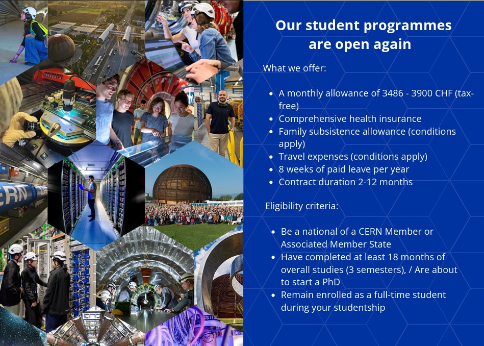 opportunitiesfy's tweet image. Apply for Technical, Administrative &amp;amp; Doctoral Studentships at CERN in Geneva 🇨🇭 (3,486–3,900 CHF/month, deadlines vary) 👉 wp.me/p23f03-auH #CERN #STEM #Internships #PhD #FullyFunded