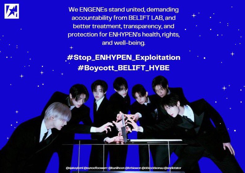 defnotlhs's tweet photo. @lxstisland We ENGENEs stand united, demanding accountability from BELIFT LAB, also better treatment, transparency, and protection for ENHYPEN’s health, rights, and well-being.

#Stop_ENHYPEN_Exploitation
#Boycott_BELIFT_HYBE https://t.co/SQzihlNXla