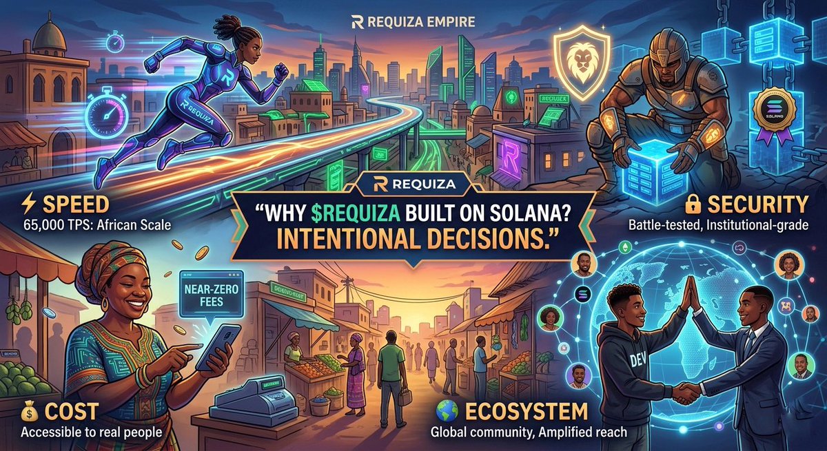 Why did $REQUIZA build on Solana? 🤔

Great question. Here's the answer:

⚡ Speed — Solana processes 65,000 transactions per second. African financial infrastructure needs scale.

💰 Cost — Near-zero transaction fees mean real people across Africa can actually USE the platform