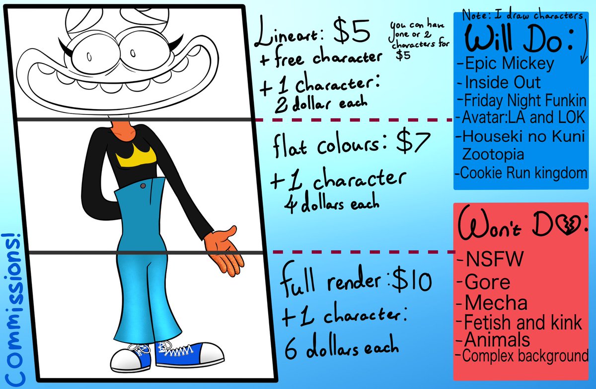 HI’s so I’ve put up this updated sheet for anyone still wanting to get art from me.
I’m putting this up because I need a way of income.