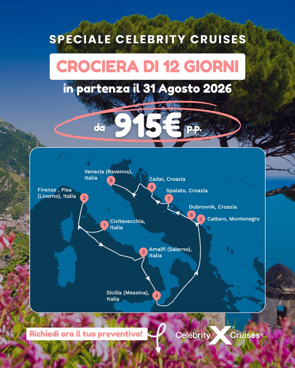 crocierepiu's tweet photo. ❌ Crociera di 12 giorni con Celebrity Cruises a fine agosto da soli 915€ p.p.✨Per un preventivo gratuito e personalizzato 👇
📞 Centro prenotazioni 0766036214 oppure
📲 WhatsApp +39 345 929 4019 https://t.co/M0h8Cvidu9