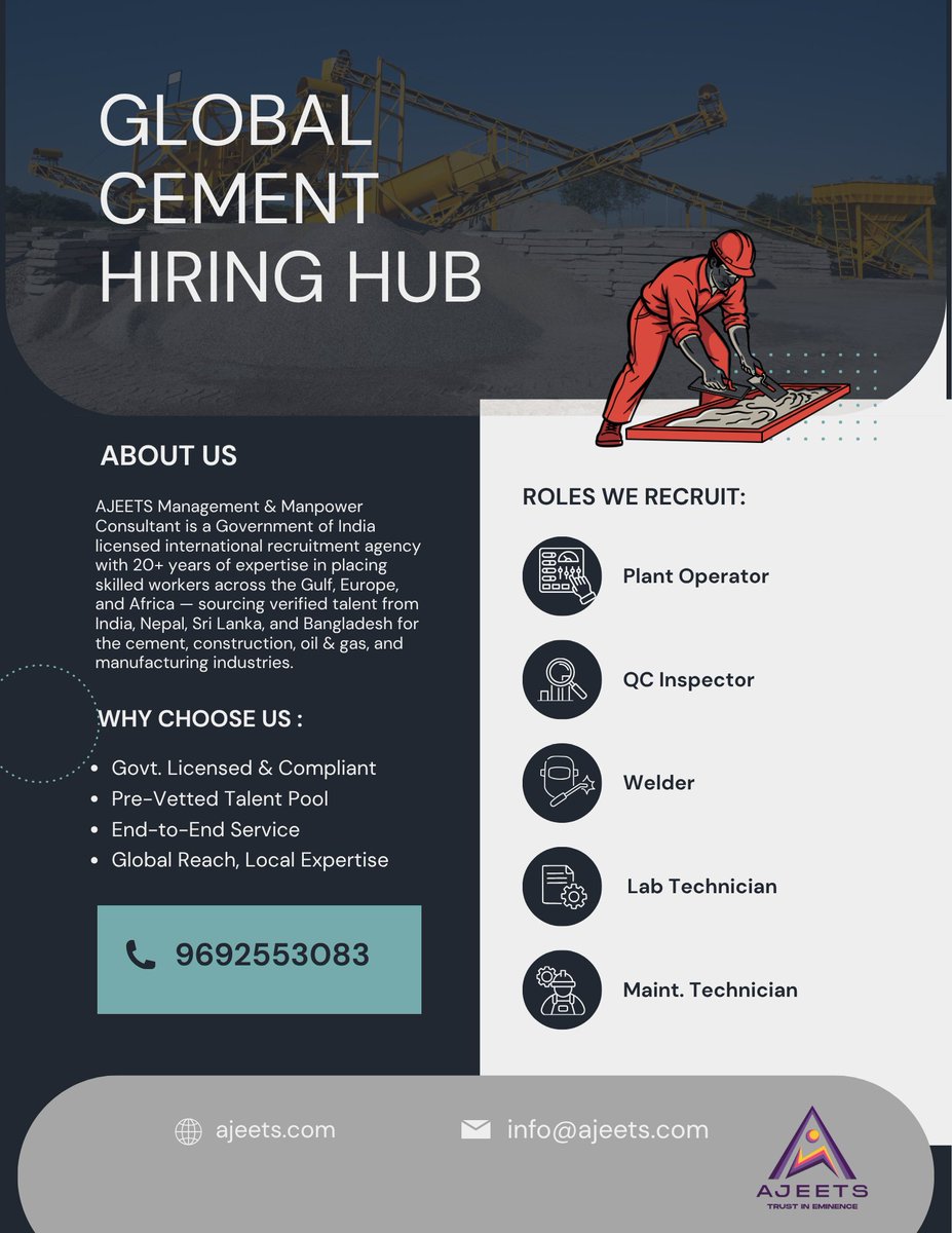 AparnaMish560's tweet image. Need skilled workers for cement, oil &amp;amp; gas, or construction? AJEETS has 20+ years of verified global recruitment. Gulf | Europe | Africa

#HiringNow #CementIndustry #SkilledJobs #AJEETS #JobAlert #Jobs2025 #Recruitment #GulfJobs #OilAndGas #trendingview