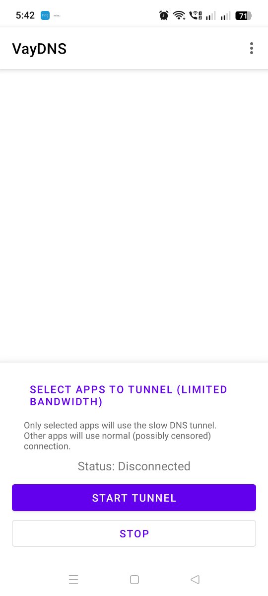 Starling226's tweet photo. Android VayDNS-1.2.0 Client Just released.
https://t.co/8AN728QBvT

نسخه ۱.۲.۰ رو برای اندروید از اینجا دانلود کنید.  اگر مایل به تست باشید بگید براتون  دایرکت  کانفیگ  رو بفرستم. فکر نمیکنم DNS سروهای گوگل و کلادفلر کارکنند. سعی کنید از ریزالورهای داخلی استفاده کنید.  پس از وارد کردن کانفیگ اول روی
SELECT APPS TO TUNNEL
تپ کنید و اپ های مورد نظر مثل 
Chrome, WhatsApp, Telegram
و غیره (سعی کنید بیشتر از سه چهار تا انتخاب نکنید) رو تیک بزنید و  از اپ خارج بشید و مجددا اپ رو اجرا کنید. START  رو بزنید و چند ثانیه منتظر بمونید تا وصل بشه. امیدوارم وصل بشید اگر نشد باید DNS Server  رو عوض کنید. اپ هنوز یه باگ داره وپس  از یکی دوبار START/STOP  کرش میکنه.  اپ رو ببندید و مجددا  اجرا کنید.