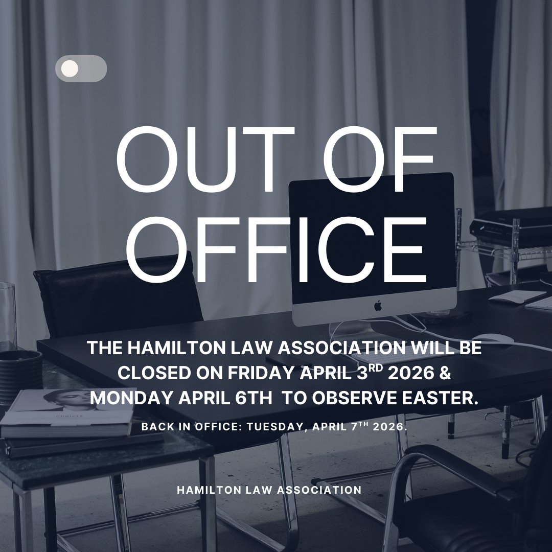 HLAlibrary's tweet photo. The Hamilton Law Association will be closed on Friday April 3rd 2026 &amp; Monday April 6th  to observe Easter. We will be back in office, Tuesday April 7th 2026. 

Please email us at hla@hamiltonlaw.on.ca with any questions. https://t.co/IeVySxijrh