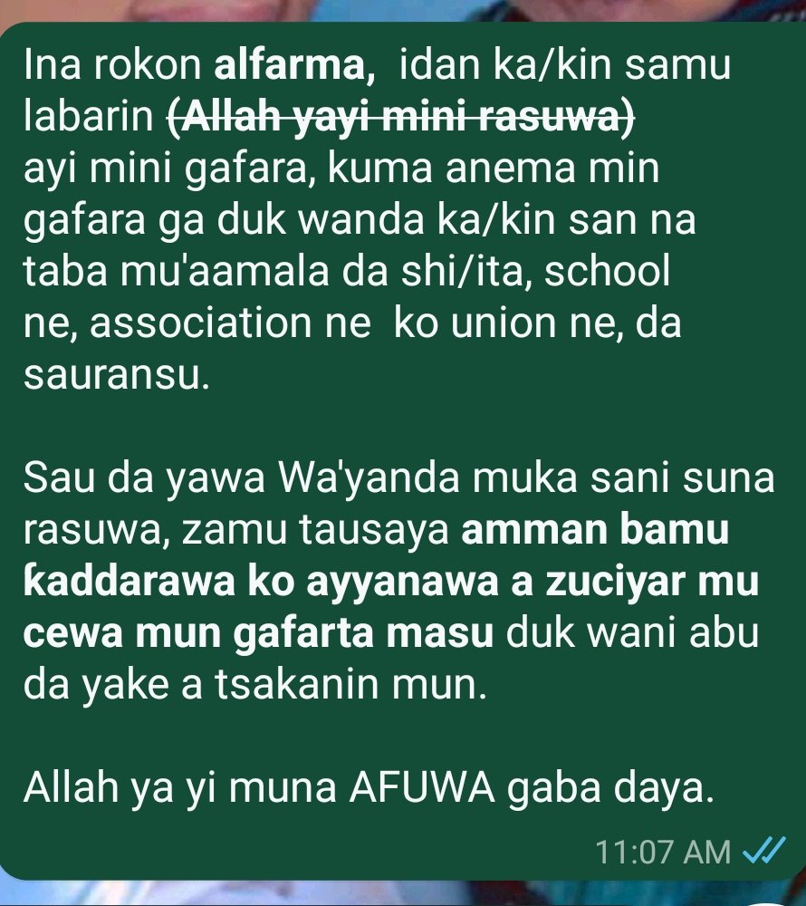 BanguSamaila's tweet photo. Ina rokon *alfarma,*  idan ka/kin samu labarin ~*(Allah yayi mini rasuwa)*~ ayi mini gafara, kuma anema min gafara ga duk wanda ka/kin san na taba mu'aamala da shi/ita, school ne, association ne  ko union ne, da sauransu.

Allah ya yi muna AFUWA gaba daya. https://t.co/Ek61chSJ98