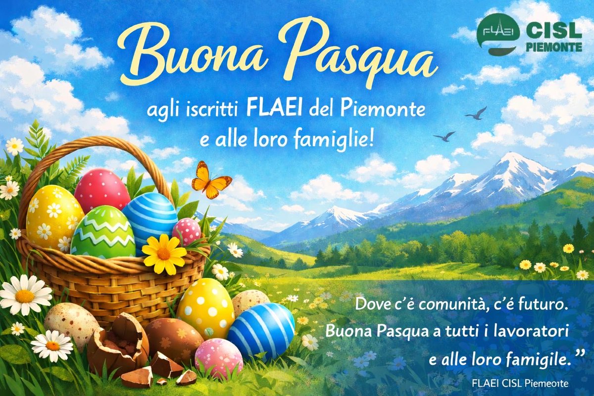 FlaeiPiemonte's tweet photo. 🌸 Buona Pasqua a tutte e a tutti.

“Dove c’è comunità, c’è futuro.”

FLAEI CISL Piemonte https://t.co/ytj3IJhTT8