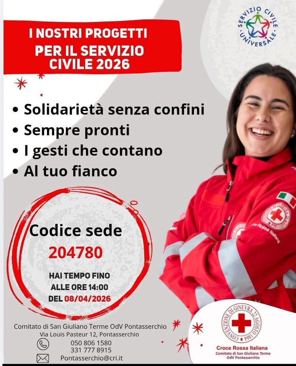 RiotSG's tweet photo. La @crocerossa Comitato di San Giuliano Terme mette a disposizione diversi posti per 4 progetti #ServizioCivile.Con il progetto "Sempre pronti", puntiamo a rafforzare la cultura di #protezionecivile. Scade:08/04/2026,ore 14:00
Sede: Pontasserchio (San Giuliano Terme - PI) https://t.co/cvDCeGzJXS