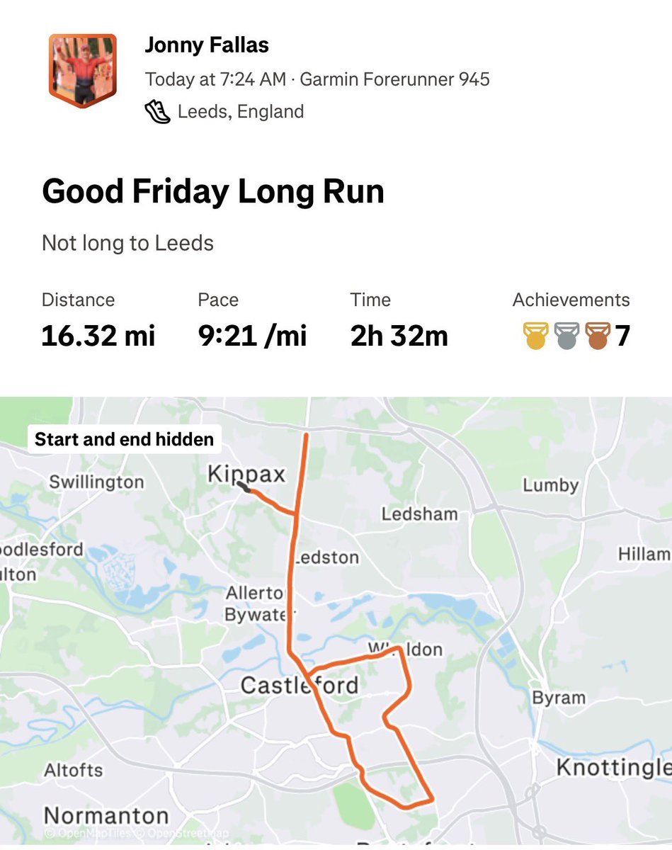 jonnyfallas's tweet photo. Longest run since York Marathon and after 8 week lay off due to torn calf finally think Leeds Marathon might be doable in *checks notes*  5 weeks !!!!! 😥 https://t.co/DzlHizpFr3