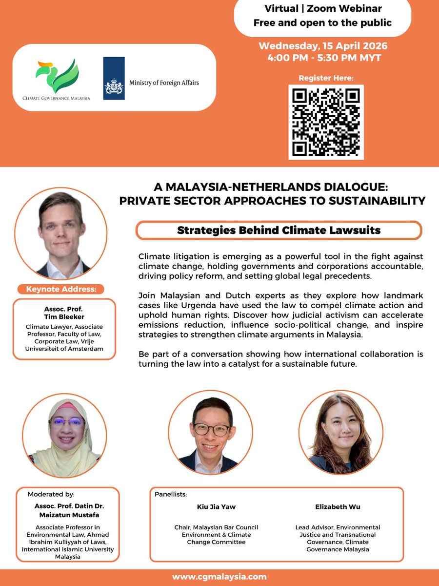 CGMsia's tweet photo. Join Strategies Behind Climate Lawsuits
 15 April 2026 | 🕓 4-5:30 PM MYT / 10-11:30 AM CET

Learn how landmark cases like Urgenda are holding governments and companies accountable, shaping policy, and inspiring climate action in Malaysia.

Register now: https://t.co/2e5rhJyBjb https://t.co/9RR2KWmxF7