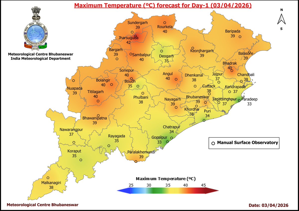 mcbbsr's tweet image. Maximum Temperature Forecast for next 5 days #Odisha #hot #temperature