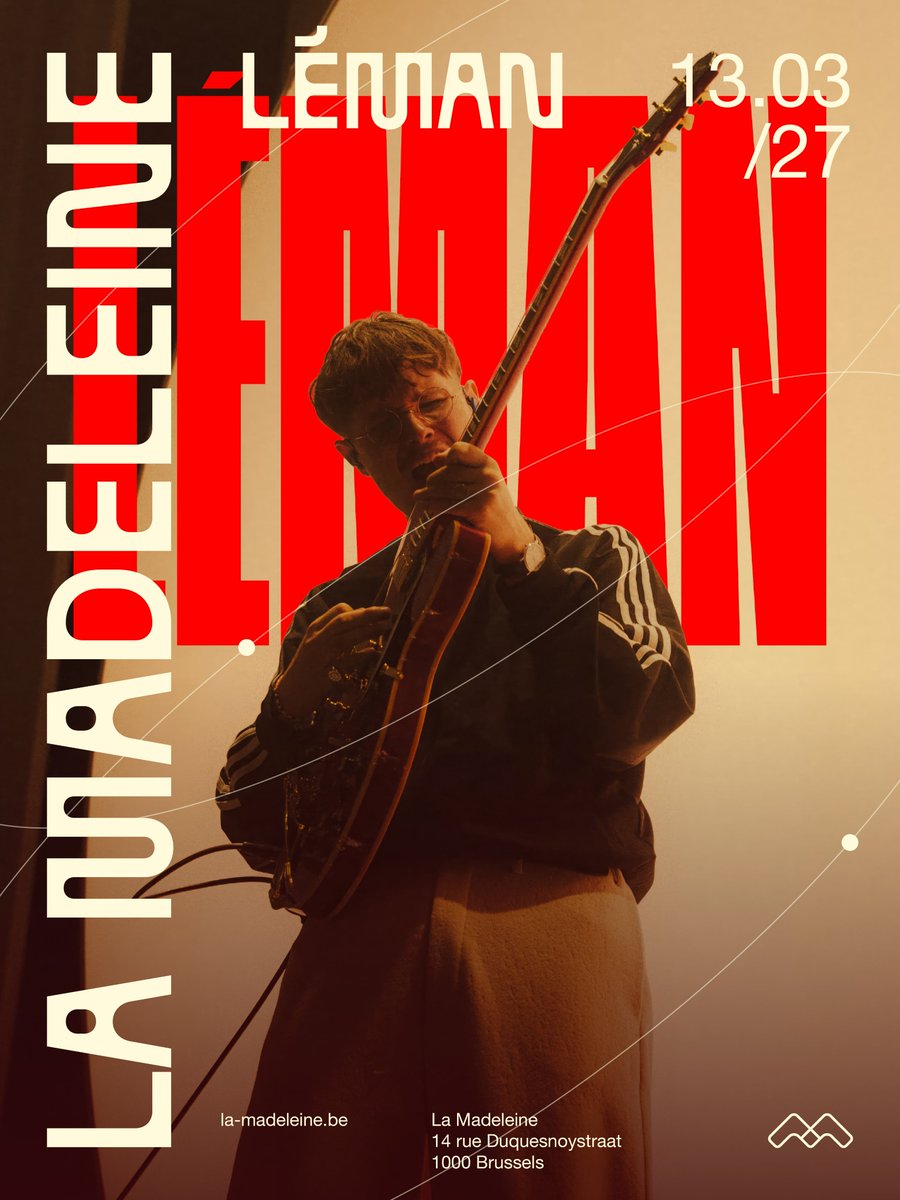 lamadeleinebe's tweet image. Suite au succès de son premier album “Adieu Musique”, Léman part en tournée. Entre énergie rock &amp;amp; élégance pop, il s’impose comme l’un des artistes émergents à suivre.
Léman sera sur scène le 13 mars 2027 à #lamadeleine.
🎫 Tickets : bit.ly/41IY5Ff5
#leman