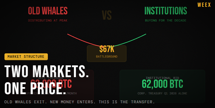 thiago__lane's tweet photo. Right now, two completely different markets are operating at the same price.

Market A — Old Cycle Whales:

Early BTC holders from 2020–2022 bull run
Locking in generational profits
Exchange Whale Ratio: 0.79 (high distribution)

Market B — New Institutional Money:

Corporates accumulated 62,000 BTC in Q1 2026 alone
ETFs still hold 1.3M BTC (not selling)
Strategic reserves: US government locked 328,000 BTC forever

Result: Price is stuck. Neither side dominates yet.

This stalemate ends in one of two ways:
1. Old whale distribution finishes → institutional bid dominates → price pumps
2. Macro shock triggers institutional redemptions → both sides sell → deeper dip

The probability-weighted outcome based on structure: Option 1.

Distribution cycles historically last 4–6 months from ATH. We're already 5 months in.

The transfer is almost complete.

⚡ Trade both sides. WEEX gives you futures, spot, and copy trading with elite fee structure. Whether you're long-term or scalping the range — we build around your volume. DM me.