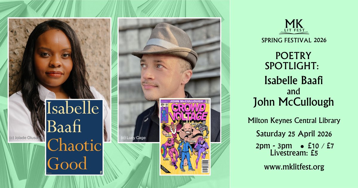 MKlitfest's tweet image. Award-winning poets Isabelle Baafi and John McCullough explore identify, togetherness and separation, and the human search for joy.

mklitfest.org/in-person-even…

#fiction #novels