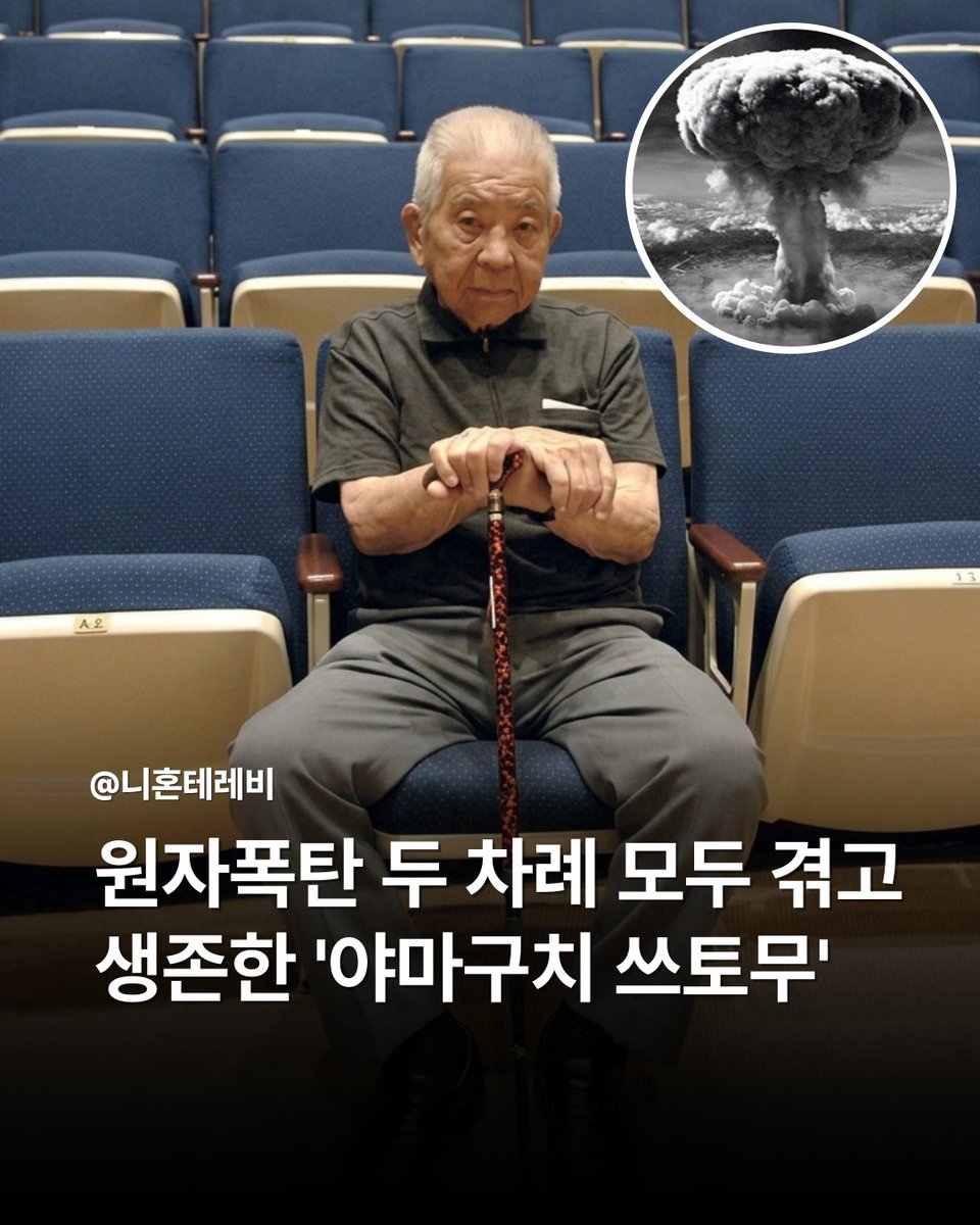 essl2_2's tweet photo. [원자폭탄 두 차례 모두 겪고 생존한 '야마구치 쓰토무']

제2차 세계대전 당시 일본에서 두 차례의 원자폭탄 투하를 모두 겪고 생존한 인물의 사연이 다시 주목받고 있습니다.
일본인 야마구치 쓰토무는 1945년 8월 업무차 히로시마를 방문했다가 폭심지에서 약 3km 떨어진 지점에서 원자폭탄을 맞았으며,
심한 화상과 일시적 실명, 청력 손상을 입은 것으로 전해졌습니다.

그는 부상 상태로 대피소에서 밤을 보낸 뒤, 다음 날 고향인 나가사키로 돌아가는 길에 올랐습니다.
이후 붕대를 감은 채 8월 9일 출근해 히로시마의 참상을 설명하던 중, 나가사키에도 또 다른 원자폭탄이 투하됐습니다.
당시 그는 콘크리트 구조물 내부에 있어 가까스로 생존한 것으로 알려졌습니다.

가족 역시 큰 피해를 입지 않고 살아남았지만, 이후 방사능 노출과 생활 환경 악화 등 어려움을 겪은 것으로 전해졌습니다.
일본 정부는 훗날 야마구치를 두 차례 원폭 생존자로 공식 인정했습니다.

그는 평생 후유증에 시달렸으나 93세까지 생존했으며, 말년에는 자신의 경험을 바탕으로 핵무기 폐기와 평화의 중요성을 알리는 활동에
힘쓴 것으로 알려졌습니다.
