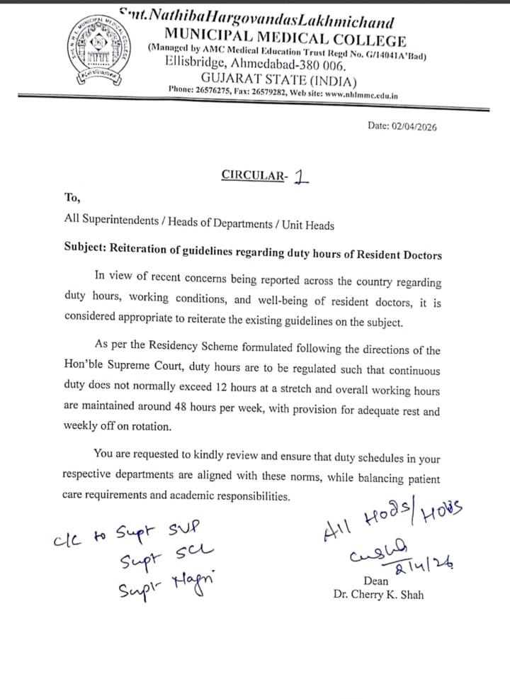 medicopenia_155's tweet photo. Resident doctors’ duty hours capped 🚨
Nathiba Hargovandas Lakhmichand Municipal Medical College reiterates guidelines:
• Max 12 hrs continuous duty
• ~48 hrs/week
• Mandatory rest &amp; weekly off
Time to prioritize resident well-being 🩺✊ https://t.co/cHMdgVLmRY