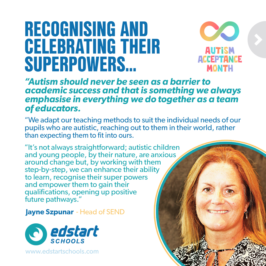 edstart_sch's tweet photo. It's #AutismAcceptanceMonth
We're here to help #neurodivergent children &amp; young people, including our #students with @Autism, discover &amp; develop their #SUPERPOWER and become brilliant 16-year-olds with bright #Futures. #AutismAwareness #Autism #EducationForAll #WorldAutismDay https://t.co/TEff679jsM