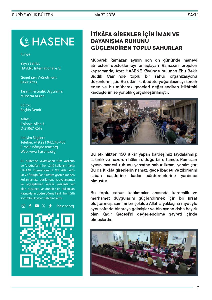 HaseneSyria's tweet photo. Hasene Suriye Aylık Bülteni

#HASENE #suriye #Syrian #Ramadan https://t.co/qESitFpVg1