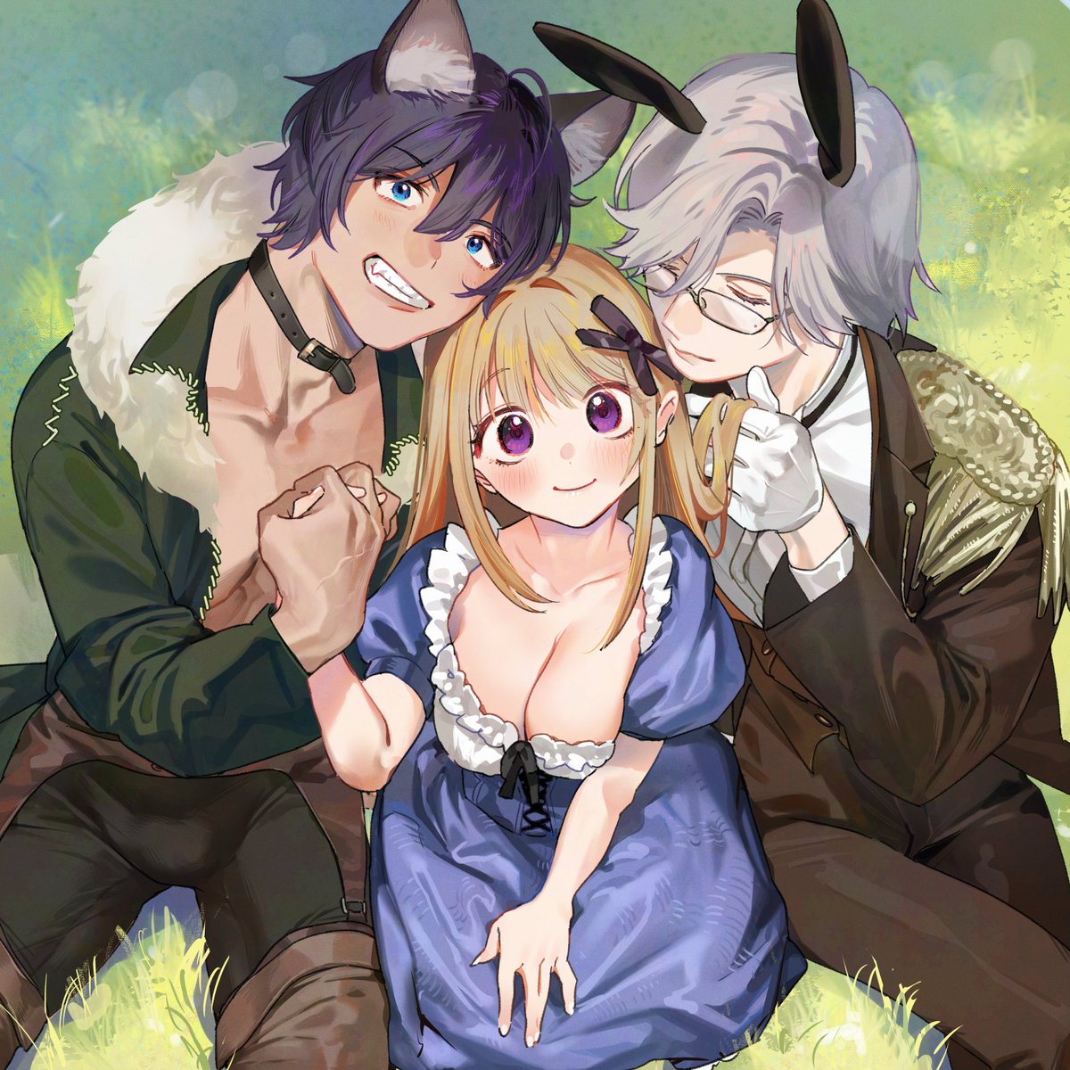 孕みの国のアリスボイスコミック版発売記念カウントダウンイラスト🐰💙🐱発売まであと1️⃣日! 本日は2no.様(@Nino_izm)の画面からすでに幸せが滲み出ているその後の尊い3人…💕
___後日談もございますので、明日の発売日もお楽しみに…💋 