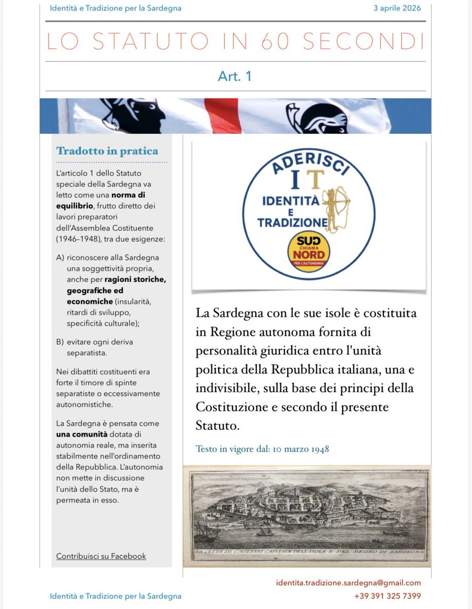 GMuggiri's tweet photo. Nasce la rubrica “Lo Statuto in 60 secondi”.
Da questo venerdì, ogni settimana, pubblicheremo un articolo dello Statuto Speciale della Sardegna spiegato in modo chiaro, concreto e comprensibile a tutti.
Perché lo facciamo?
Perché l’autonomia non è uno..
https://t.co/E2C4vGvPD4 https://t.co/xo9evc8MA9