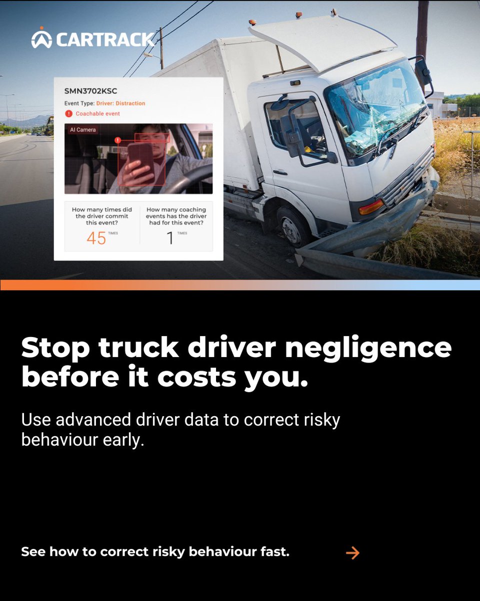 CartrackZA's tweet image. Stop driver negligence before it costs you. Cartrack’s advanced systems give you the data and tools you need to coach your drivers. Read the full blog to learn how:
tinyurl.com/ppaytut9

#cartrack #operationalintelligence #fleetmanagement