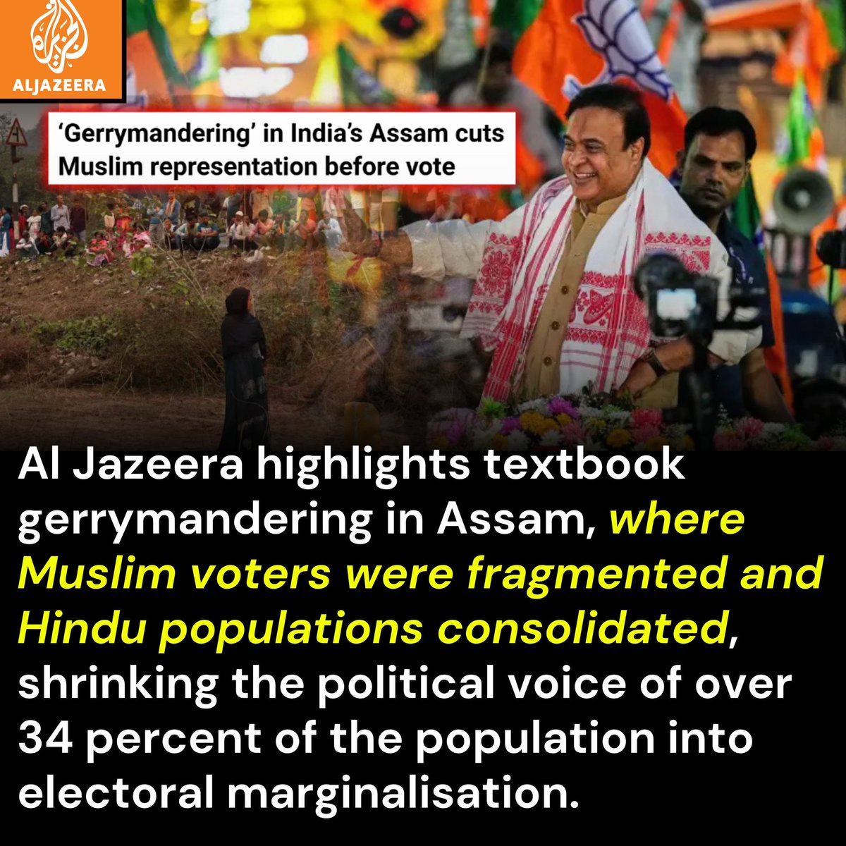OopsW4262's tweet image. Al Jazeera reports alleged “gerrymandering” in India’s Assam, with redrawn constituencies cutting Muslim representation ahead of elections. Democracy loses meaning when boundaries are manipulated to silence communities. 🗳️⚠️
#Assam #IndiaExposed #Gerrymandering