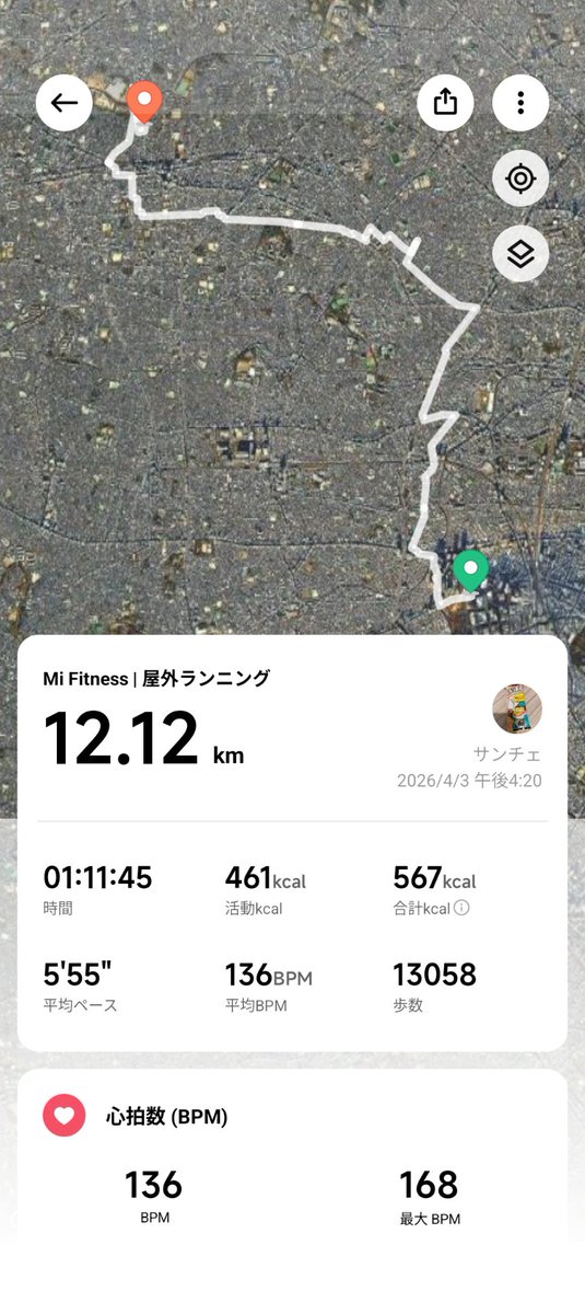 10yen_punch's tweet image. 帰宅ラン12.12km+3.3km🏃
明日の雨降り出し予報時間がどんどん早まってきててイヤだなあ🥹
#ジョギング #ランニング 
#jogging #running #mifitness