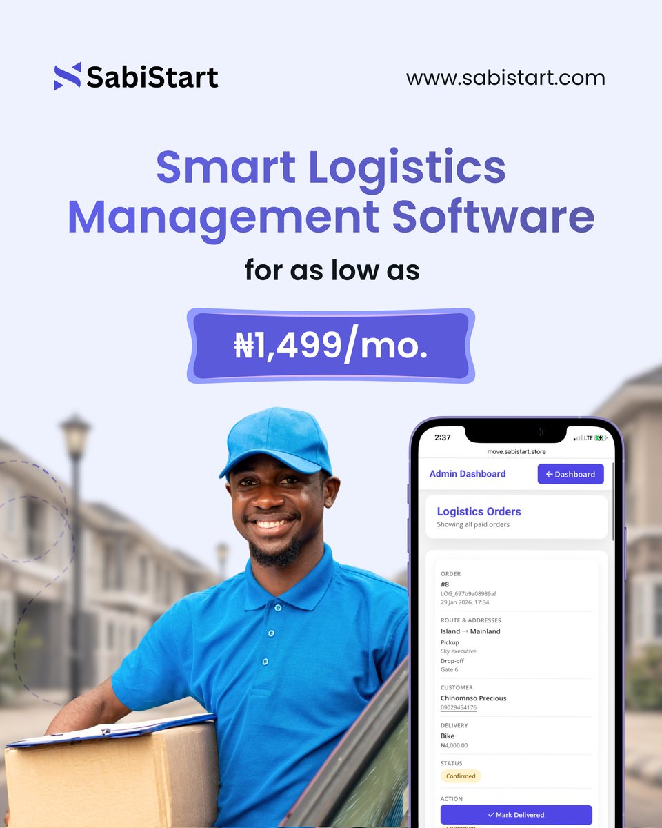 SabiStart's tweet photo. With SabiStart Logistics Management Software, you can manage your zones and locations, pricing, vehicles, package weights, and more, all in one place.

Automate payments, stay organized, and scale your operations with ease.

All for just ₦1,499 per month.
https://t.co/8QkD8kBXOX https://t.co/sU2eqLfvqY