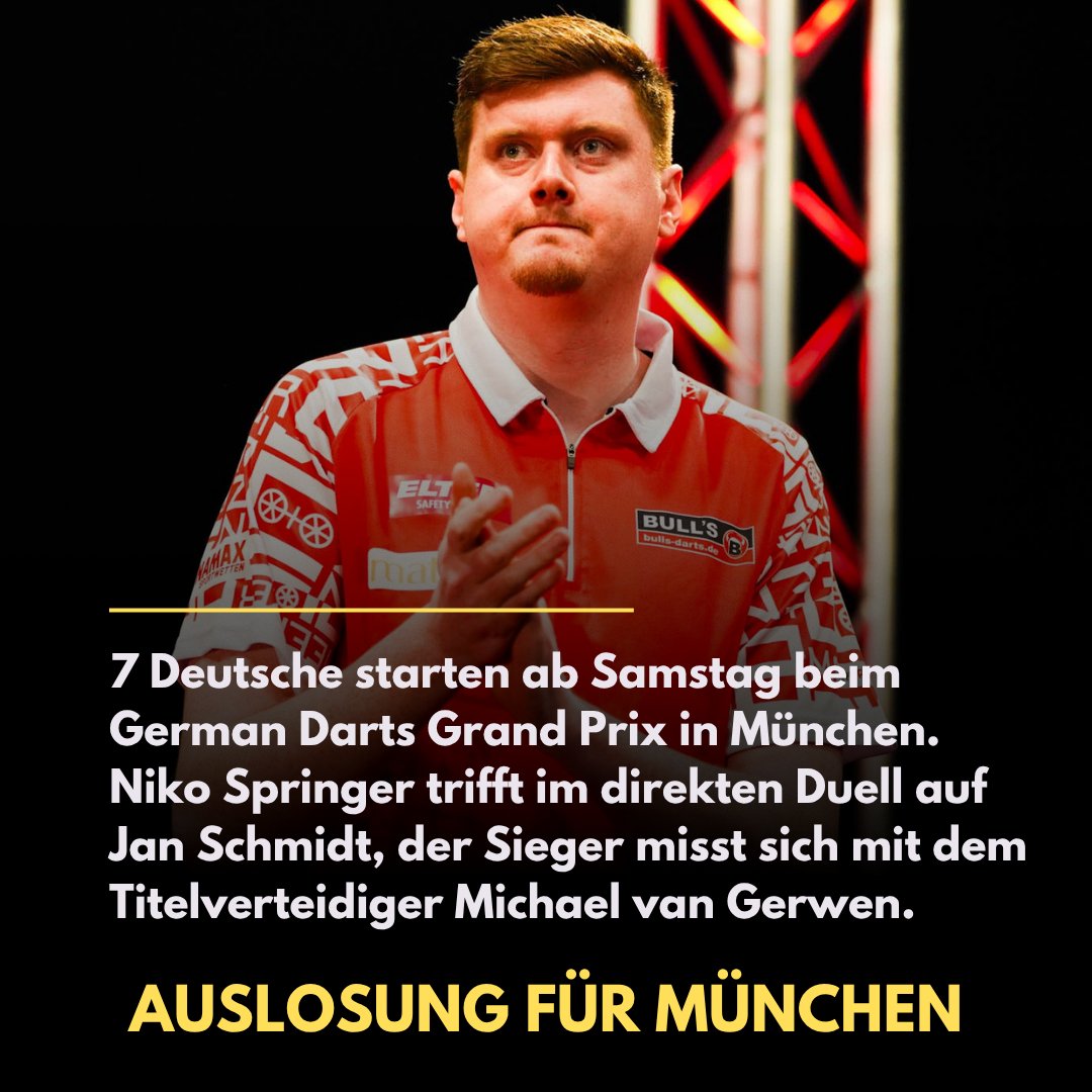 dartn_de's tweet image. +++ German Darts Grand Prix 2026: Auslosung +++

🇩🇪 Springer trifft auf Schmidt - der Sieger spielt gegen van Gerwen
🧱Schindler in Runde 2 gegen Dolan oder Dekker
💎Pietreczko startet gegen White
🐯Hausotter bekommt Duell mit Barney

dartn.de/news/german-da…

#darts #dartzn #pdc