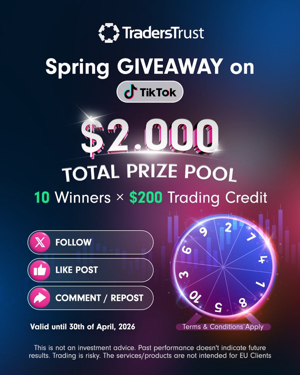 Spring GiveAway on TikTok   
2000$ Prize Pool - 10 Winners      

Follow 3 Steps   
👉 Follow Traders Trust on TikTok tiktok.com/@traderstrust  
👉 Like Post   
👉 Comment /   Share       

Important Notes    
• The competition ends on  pm, 30th April 2026   
• The 10 raffle