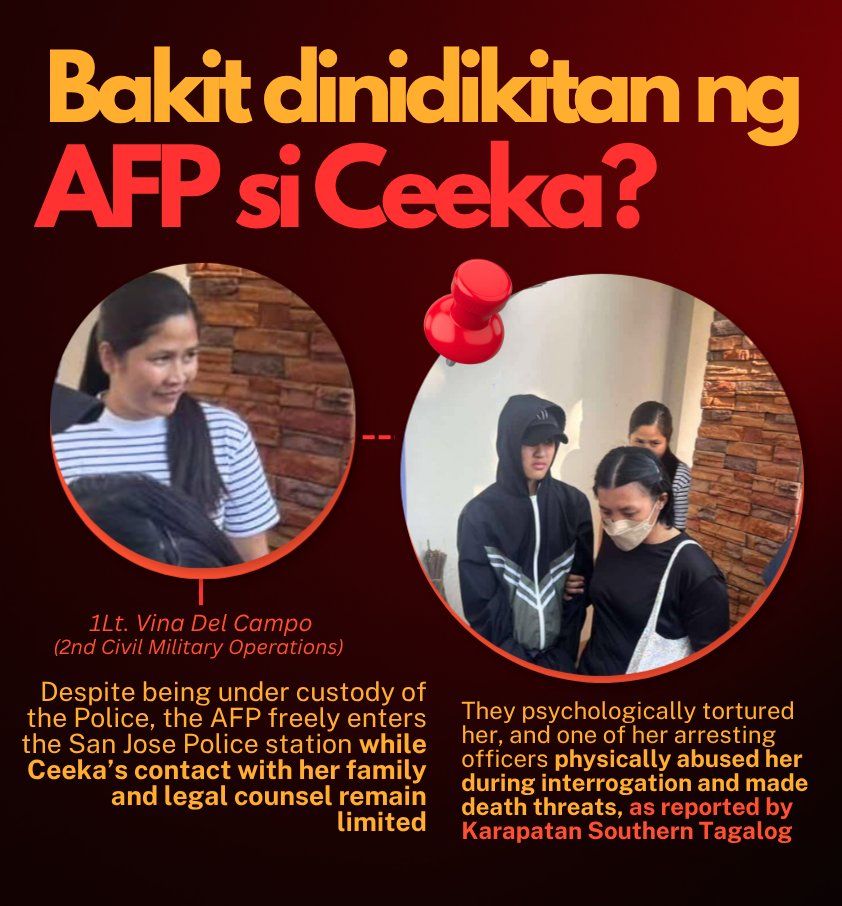 AnakbayanVC's tweet photo. 𝗕𝗔𝗞𝗜𝗧 𝗗𝗜𝗡𝗜𝗗𝗜𝗞𝗜𝗧𝗔𝗡 𝗡𝗚 𝗔𝗙𝗣 𝗦𝗜 𝗖𝗘𝗘𝗞𝗔?
Despite being under the custody of the Police, the Armed Forces of the Philippines (AFP) freely enters the San Jose Police station while Ceeka’s contact with her family and legal counsel remains limited. https://t.co/FlexYY3f06