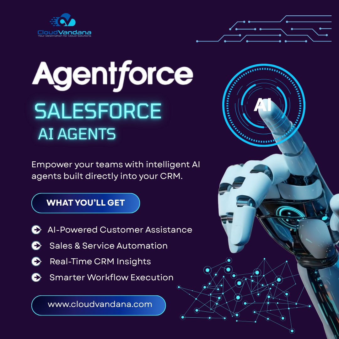 AI becomes powerful when it’s connected to your CRM.

With Agentforce, AI agents assist sales, service, and operations with automation and real-time insights.

Smarter teams. Faster decisions.

#Salesforce #Agentforce #AI #CRM #CloudVandana