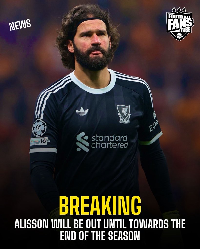 FansTribeHQ's tweet image. Liverpool boss, Arne Slot has confirmed that Alisson Becker is set to be out until towards the end of the season. BIG LOSS for Liverpool 💔

#alisson #alissonbecker #liverpool