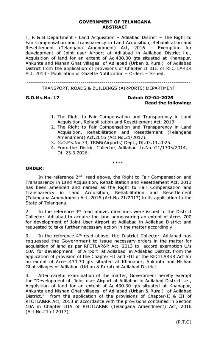 NTreal123's tweet image. 🚨 ✈️  Adilabad Airport Update!

🏗️ Telangana govt clears land for a **Joint User Airport**

📍 430 acres
🌾 Khanapur • Ankunta • Nishan Ghat

⚖️ Special exemption granted
🚀 Faster development ahead

🌐 Boost to connectivity &amp;amp; growth 📈

#Adilabad #Telangana #Airport