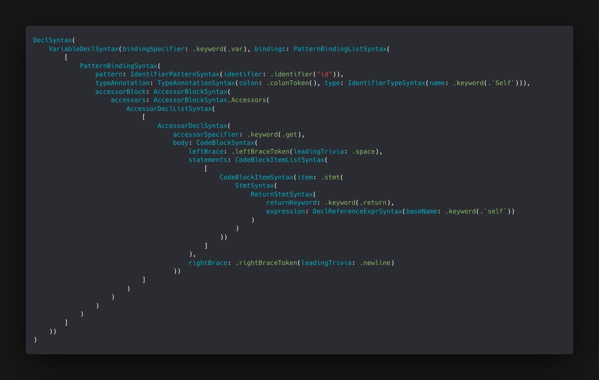 twannl's tweet image. Can you guess the output of the following code?

It's not super readable, but there are better ways of generating code using SwiftSyntax.
avanderlee.com/swift/swiftsyn…    

#swiftlang #iosdev