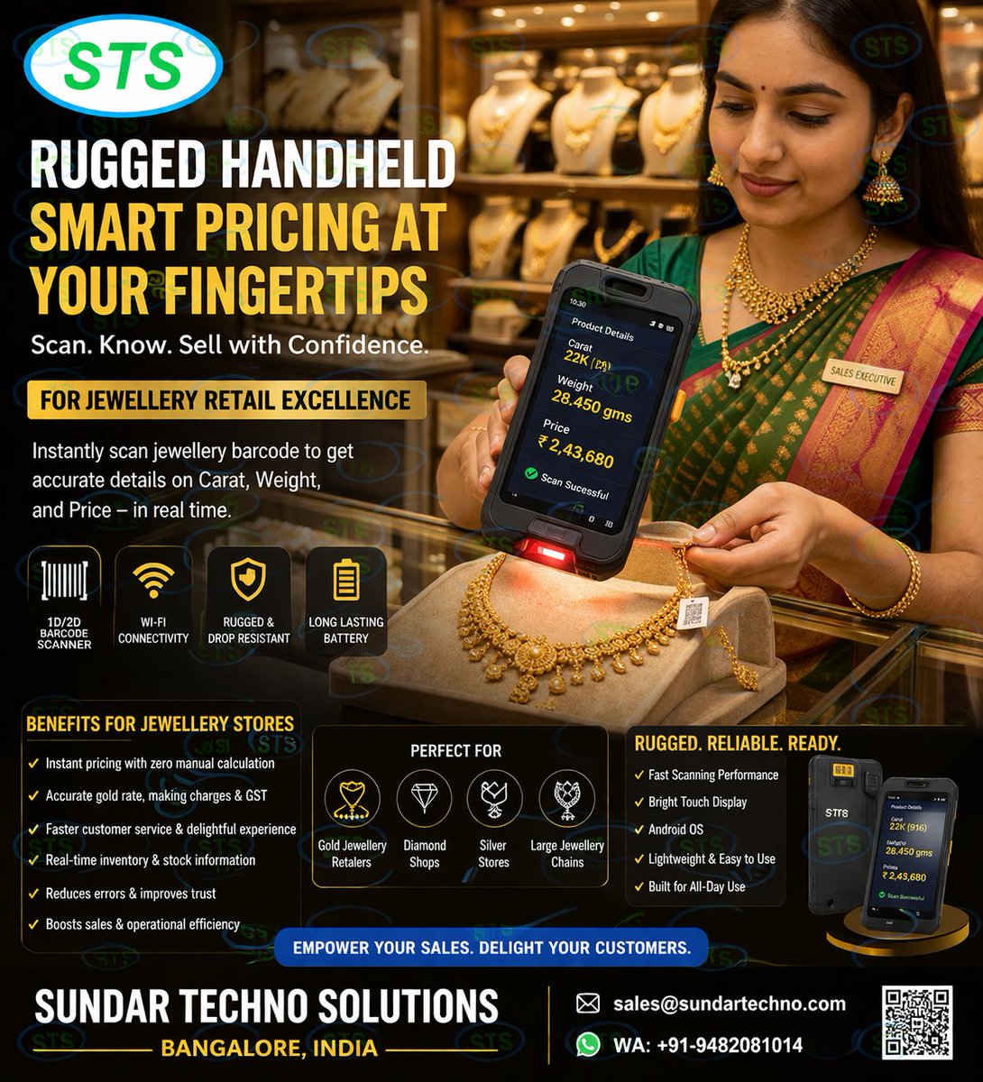 Sundar_Techno's tweet image. Instant Jewellery Pricing with Rugged HandheldScan the barcode on a necklace and instantly view:
Carat
Weight (gms)
Price
Product Details: No manual calculations. No delays. SUNDAR TECHNO SOLUTIONS
sales@sundartechno.com
 WA: +91-9482081014#JewelleryRetail #BarcodeScanner #Rugged