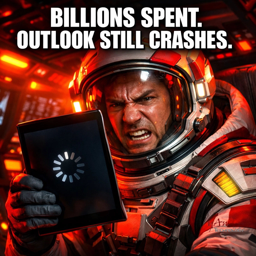 YanTechnology's tweet photo. imagine being 200k miles away and hitting the SPINNING WHEEL OF DEATH. 💀 NASA spent billions only to be bullied by 90s email bugs. roaming charges must be brutal. 🚀 if NASA needs tech support, you do too! #ArtemisII #Outlook #NASA #TechLife https://t.co/FmeUwJ0u7v