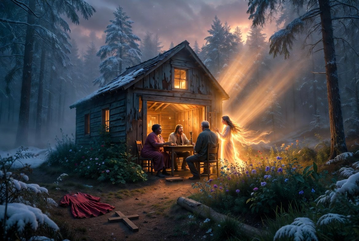 remade2matter's tweet photo. In the frozen depths of 'The Great Sadness,' a shattered shack glows with sacred light. 
The Trinity sits at the table of grace, inviting your pain. 
What if your deepest wounds are the very threshold to forgiveness and healing?
Comments below 🙏❤️
#TheShack #Redemption 
#aiart https://t.co/Mkl2jvOsVs