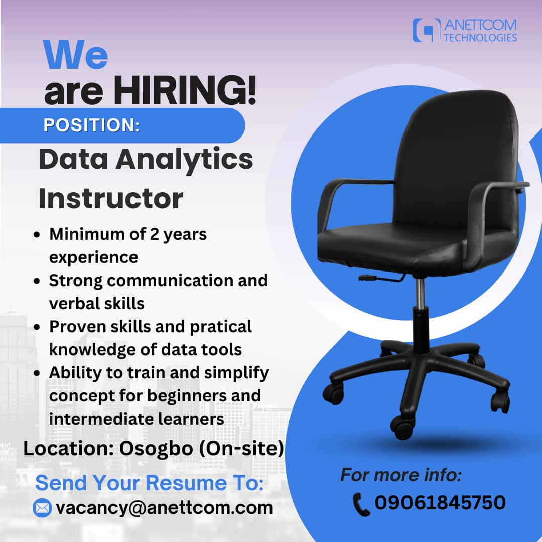 Vacancy!!!

Join our team at <a href="/anettcomakademy/">Anettcom Tech Academy</a> 

Interested applicants should forward their CV to vacancy@anettcom.com

Note: on-site job
Location: Osogbo
Jersey Divorce CCTV Abass INEC chairman Good Friday Proper Chels