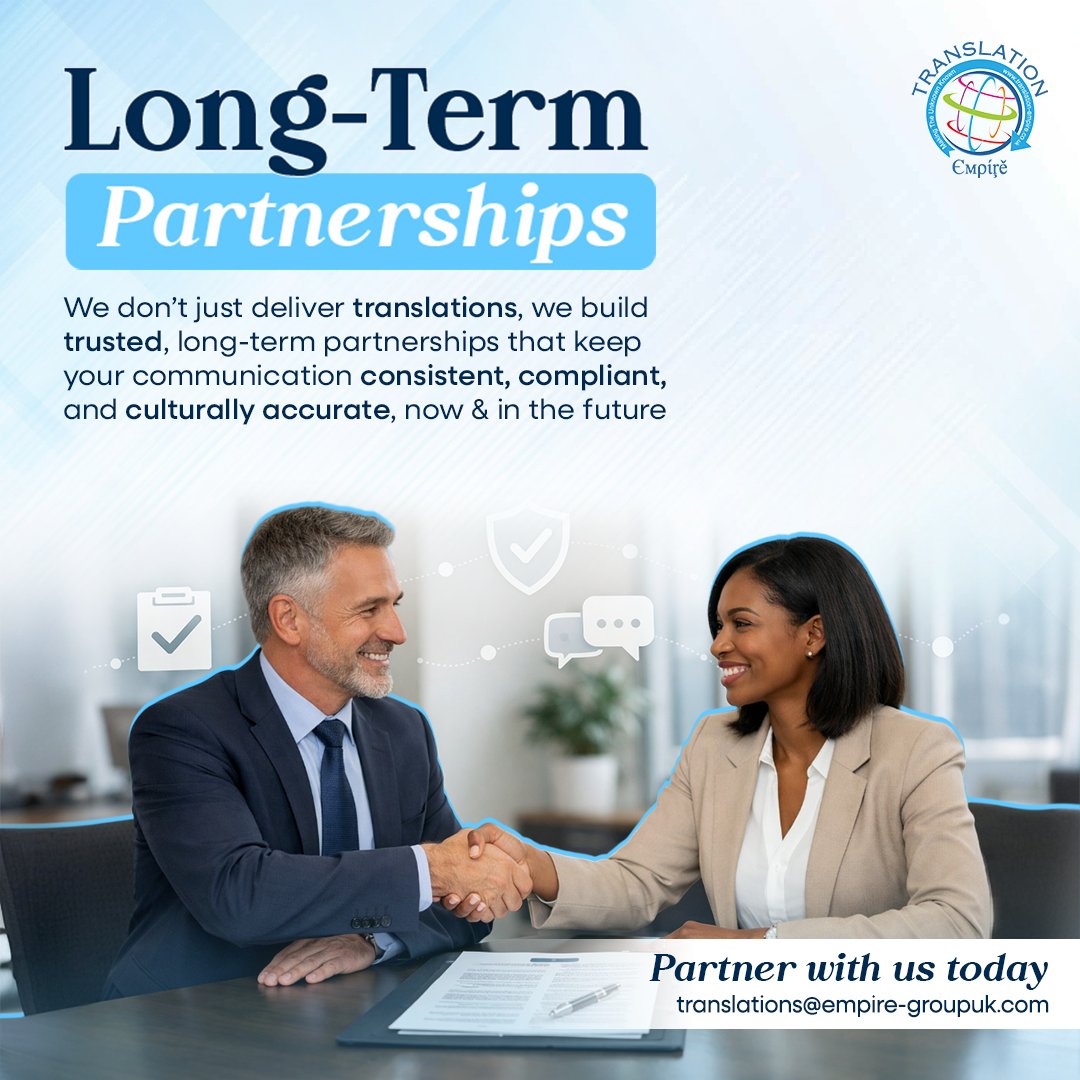 At Translation Empire UK, we believe in relationships, not just projects. We work with you long-term to ensure clear, accurate, and compliant communication across languages and cultures.

Partner with us today:
📧 translations@empire-groupuk.com
#translationempireuk  #Uk