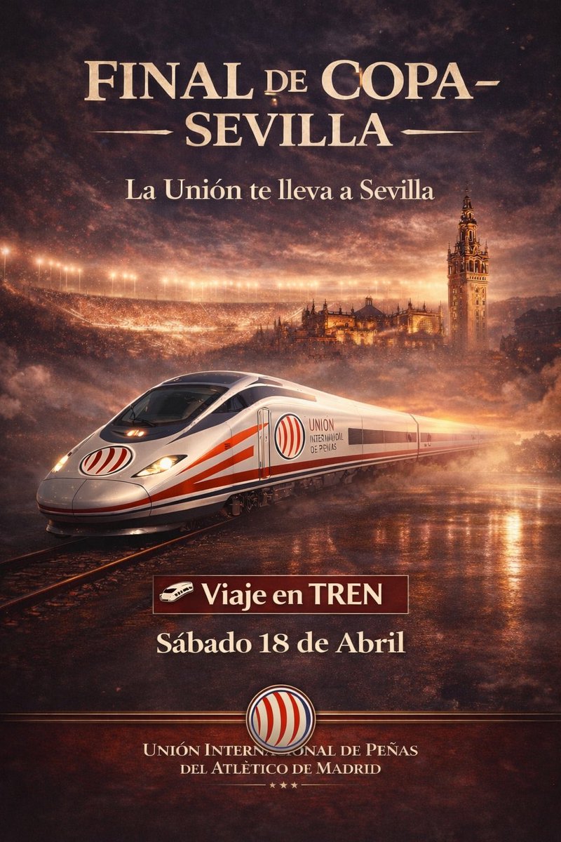 🚆⚽ FINAL COPA DEL REY 2026

¡Viaja a Sevilla con la Unión Internacional de Peñas del Atlético de Madrid para vivir la final en directo! 🔴⚪

📍 Estadio de La Cartuja — Sevilla
📅 Sábado 18 de abril
🕘 21:00 h

🚄 Viaje ida y vuelta en el día — 265€

Incluye:
• Tren Alta