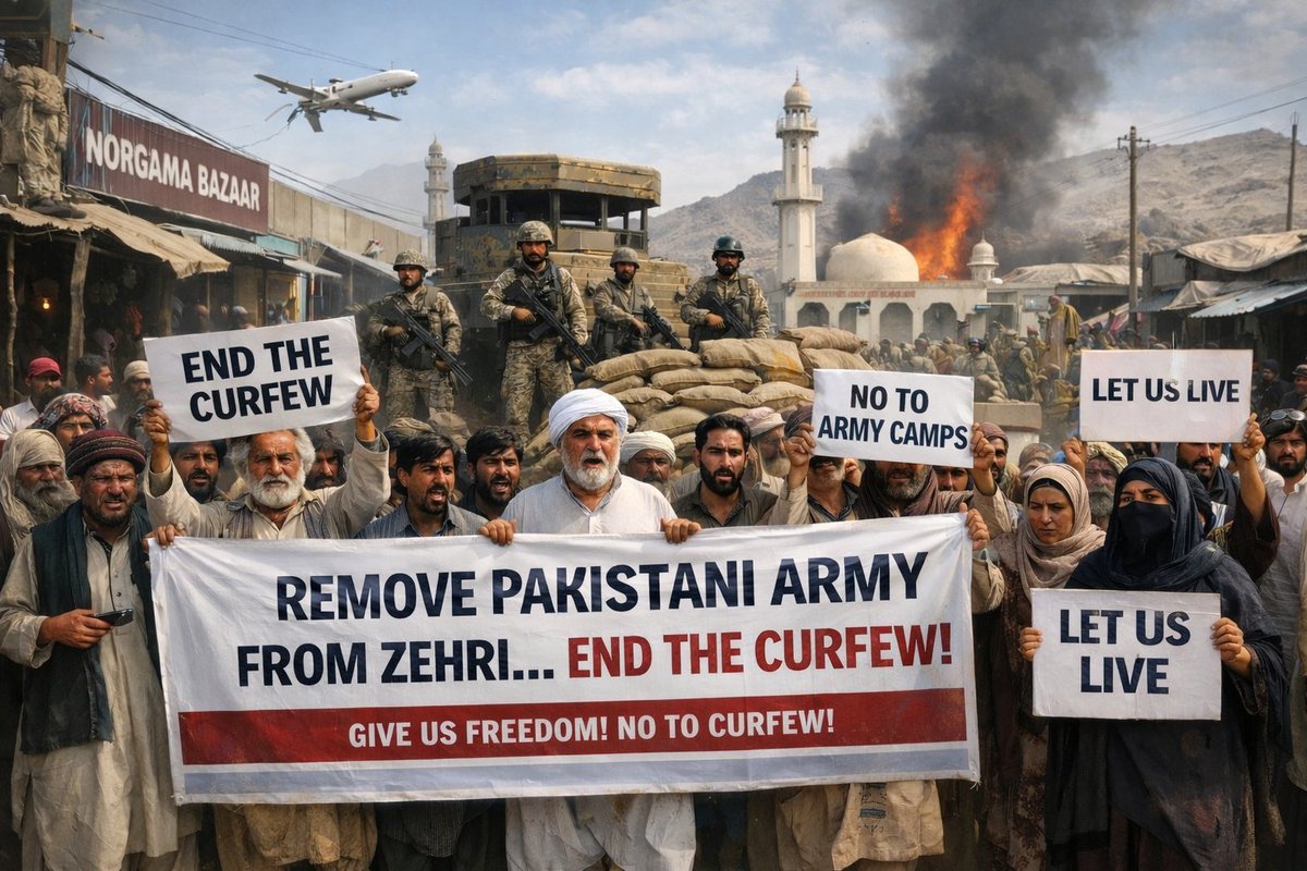Amir_Baloch18's tweet photo. Residents Tired of Curfew in Zehri Demand Army to Leave the Area
A curfew that has continued for seven months has badly affected daily life. People are afraid to leave their homes.
In Zehri, a sub-division of Khuzdar district in Balochistan, Pakistani forces have imposed a curfew for many months. People are not allowed to travel without permission, and mobile and communication services are also shut down.
Last year, after Baloch fighters entered the area, the Pakistani army started a large operation and set up camps in the main market and other places in Zehri. During this time, the curfew was also enforced.
According to local residents, soldiers are present all over Noorgama, the only market in Zehri. People are allowed to go to the market for only two hours a day. They also cannot travel to Quetta or Khuzdar without permission.
Residents say that the army is using the main mosque in Noorgama as a camp. Because of this, people cannot offer Friday and Eid prayers there and are forced to pray at home.
Locals say they complained to the Balochistan government, but the elected leader from Zehri, Sardar Sanaullah Zehri, has ordered that the curfew should continue. This has created fear and hopelessness among people.
There have also been reports of drone strikes by the Pakistani army in the Sohanda area of Zehri.
In one reported incident, two people were killed. About a month earlier, another reported drone strike killed four people, including two women.
Residents say these incidents have increased fear in the area.
They are demanding that the curfew should end immediately and that patients should be allowed to travel to Karachi and Quetta for treatment.
It is also reported that, like Zehri, a curfew has been in place in Nushki since February. Markets close in the evening, and people are not allowed to take patients to hospitals or travel to Quetta after sunset.
Residents of Nushki say the curfew started on February 6 and is still continuing. They claim that officials have said the curfew will remain until people hold a rally in support of the army.
People from both Zehri and Nushki are asking political leaders and international human rights organizations to raise their voices so that civilians and their property can be protected.
#StopBalochgenocide 
#terrorstatepakistan 
#SaveBalochsFromPakistan