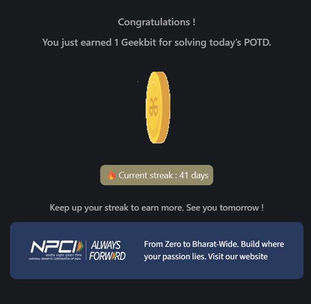 PrincyDubey84's tweet photo. Day 41/60 ✅Solved the Consecutive 1's Not Allowed challenge! 
#geekstreak60 #npci #POTD #DSA #DynamicProgramming #Fibonacci #BinaryStrings #Algorithm #Python #Cpp @geeksforgeeks @NPCI_NPCI https://t.co/0K6x9fL4g3