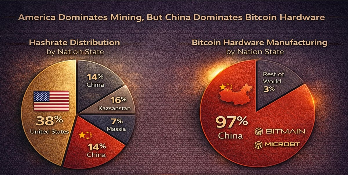 SatoshiActFund's tweet photo. America controls 38% of global Bitcoin hashrate, but 97% of the hardware is built by two Chinese firms: Bitmain and MicroBT.

The Mined in America Act from @SenBillCassidy &amp; @SenLummis creates a voluntary program by giving miners benefits if they transition to allied hardware. https://t.co/nLwnZwJQVt