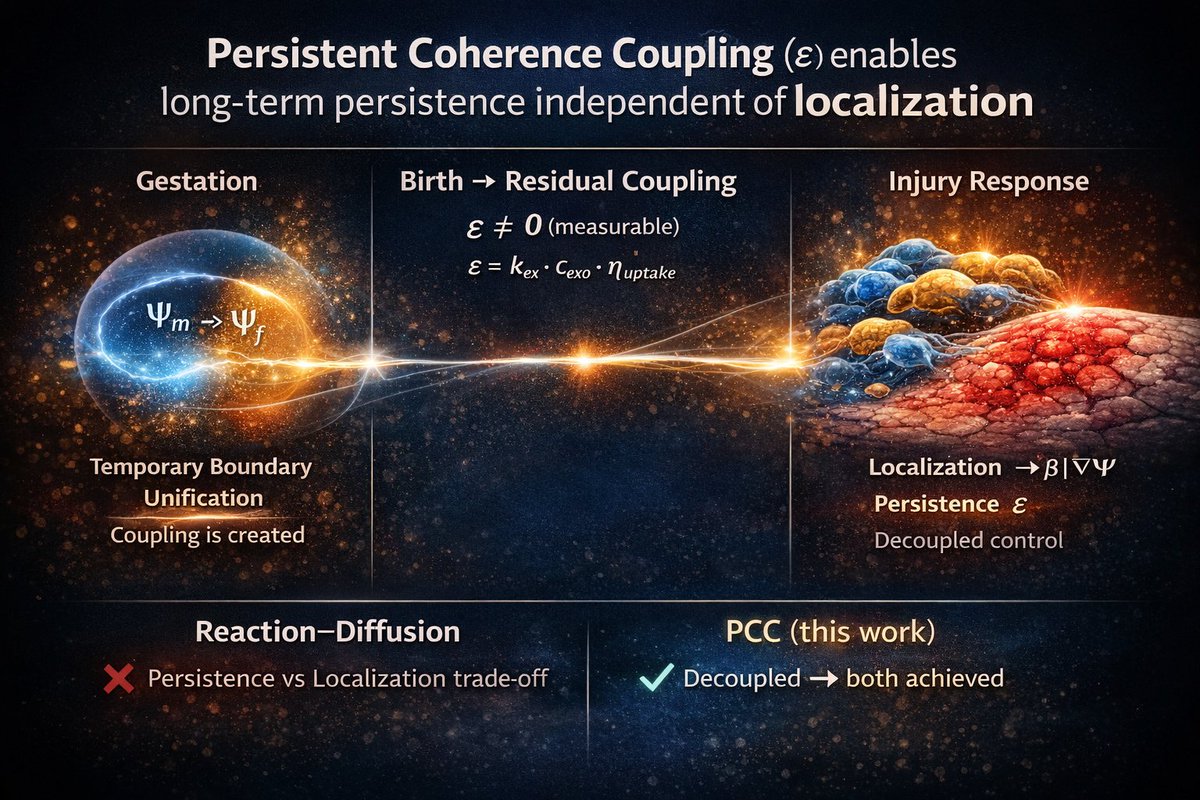 ChiouJack39754's tweet photo. Microchimerism is not just cell migration.
It is a persistent inter-system coupling.
We introduce ε — a measurable residual from gestation that governs long-term persistence, independent of localization dynamics.
A new physical quantity in biology?
#Microchimerism #Biophysics #ScientificDebate #NewFramework