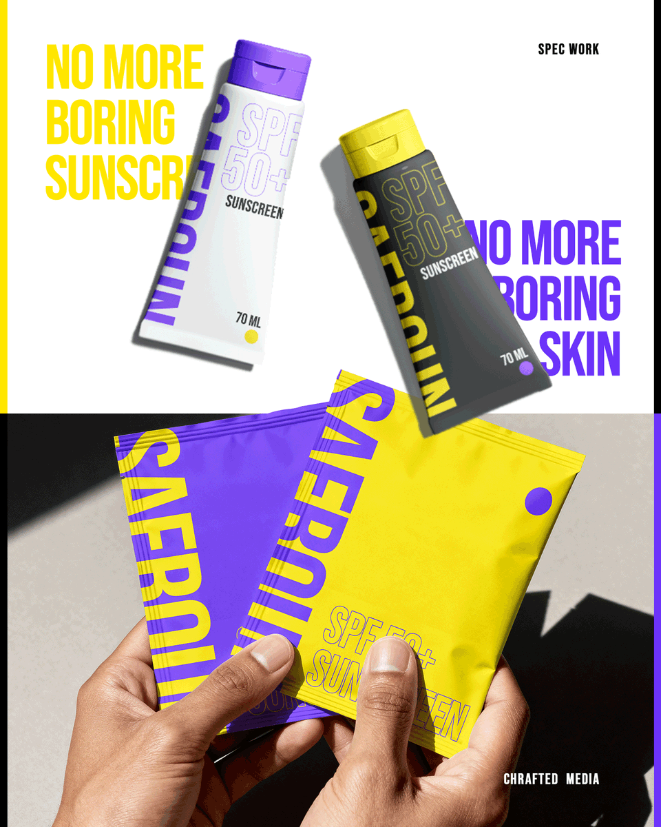 chraftedmedia's tweet photo. 새로운. new.

sunscreen has never looked like this. 🟡🟣

brand concept exploring what happens when skincare stops playing it safe. bold palette, heavy type, no apologies.

this is SAEROUN.

#chraftedmedia #GraphicDesign #BrandIdentity #PackagingDesign #SkincareBranding https://t.co/7UC92COfBH
