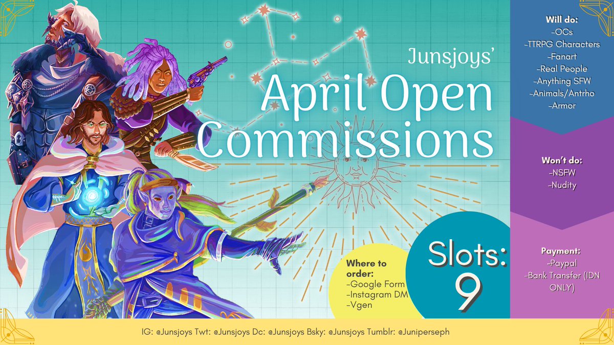 [❤ and 🔄 appreciated!] 
✨Opening 8 commission slots for the month!  
⚔️I specialize in fantasy/TTRPG art but I'm willing to do anything SFW 
💵Payment and
🔗Order link at end of thread  

(1/3)  
#OpenCommission #DrawingCommission